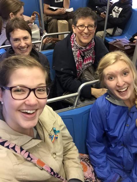 Genevieve Janvrin, Hannah Jacobsma, and Julia Randel (Hope College), along with their Houghton Library liaison Irina Kylagin, on the #2 bus, 2 June 2015. Photograph from Genevieve Janvrin.